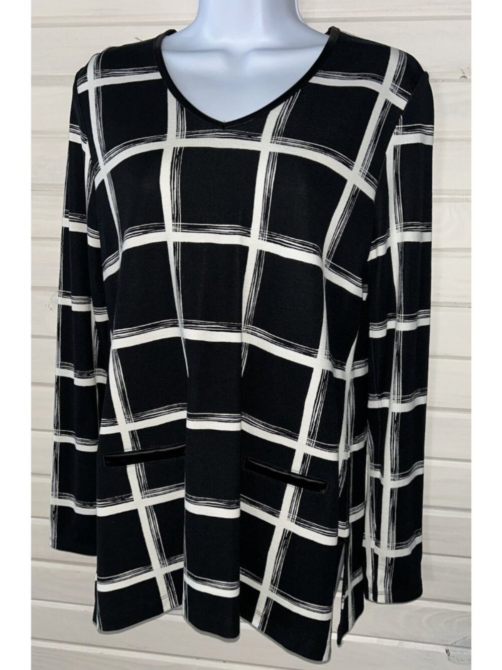 Chicos Sz 0 (SMALL) Black White Plaid Ponte Knit Tunic Faux Leather Trim EUC